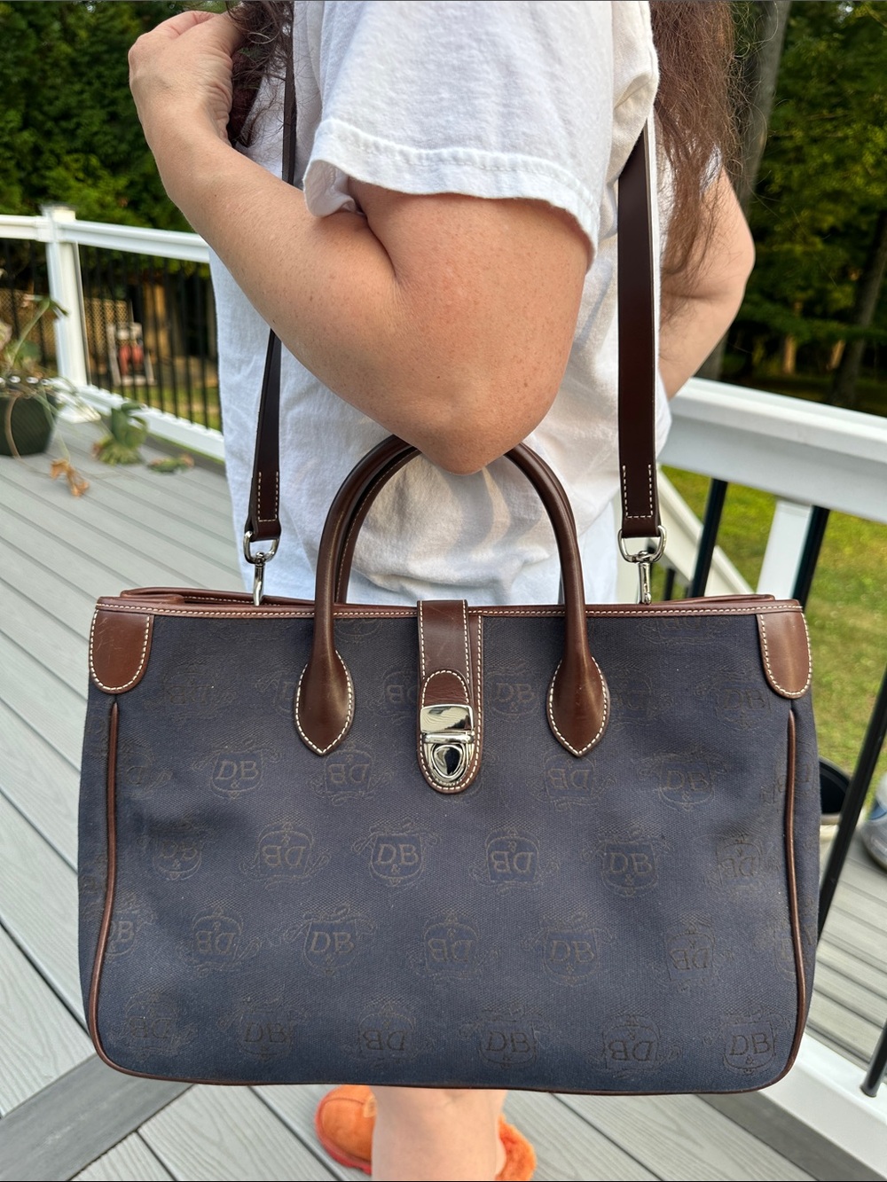 Dooney & Bourke Navy and Brown Monogram Handbag with Matching Pouch - Picture 10 of 16